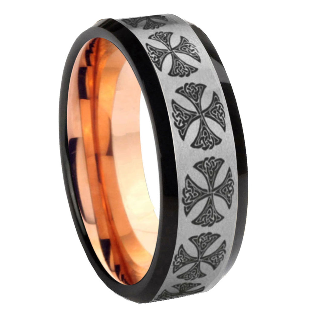 8MM Medieval Cross Beveled Rose Gold Gray Tungsten Wedding Band For Men