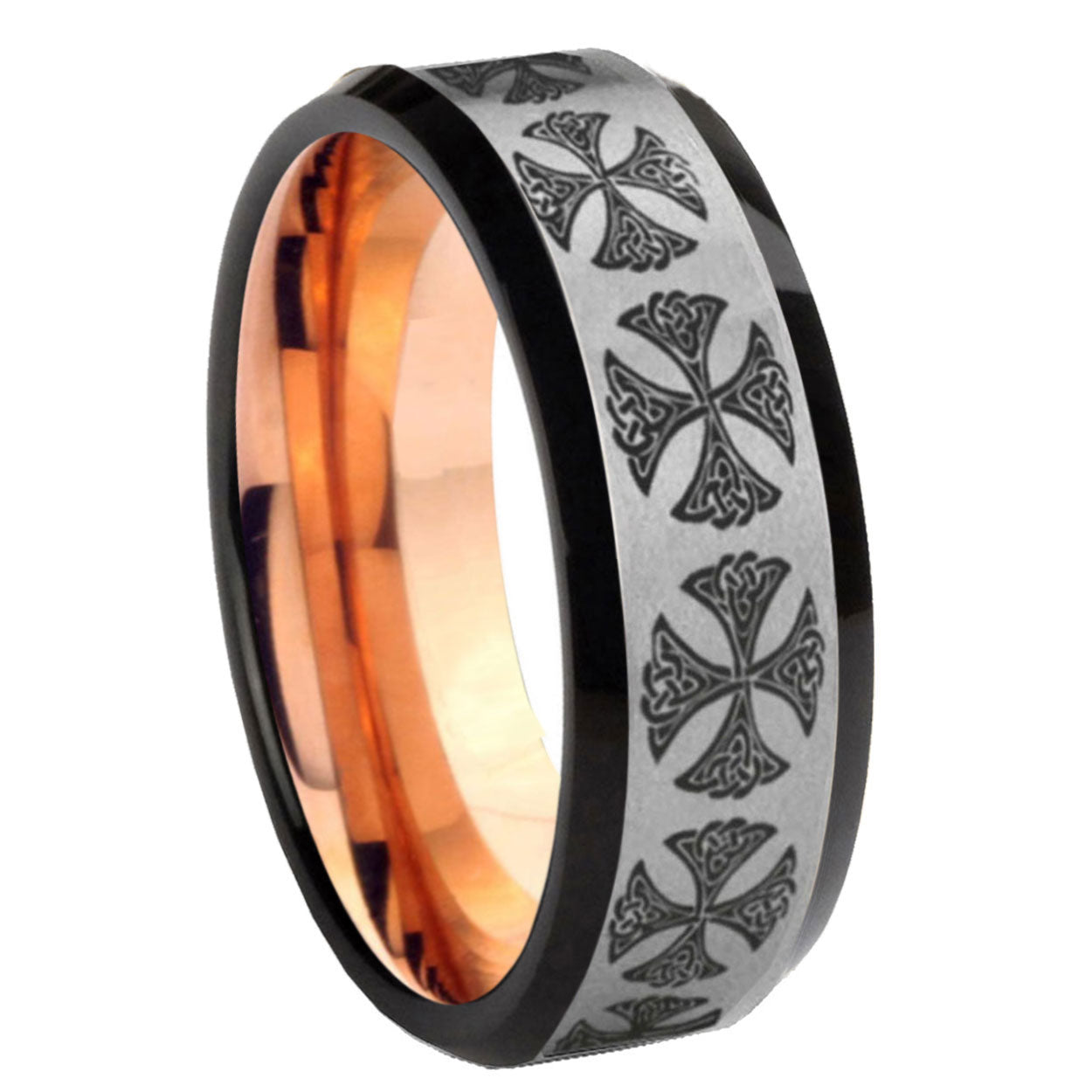8MM Medieval Cross Beveled Rose Gold Gray Tungsten Wedding Band For Men
