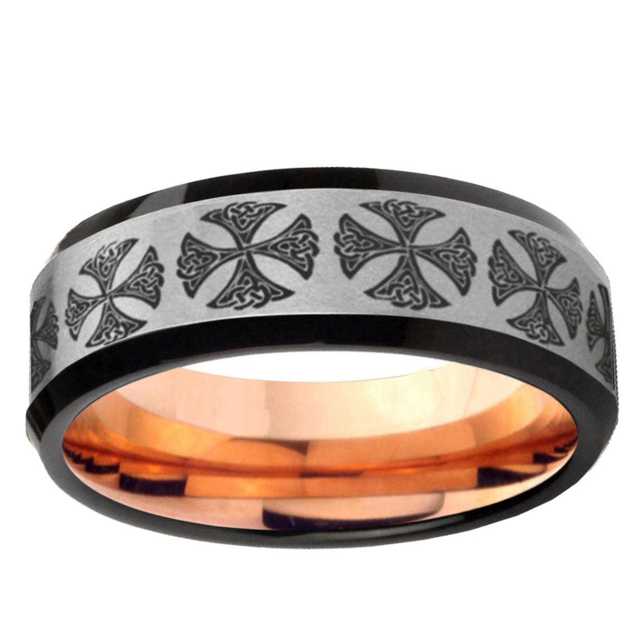 6MM Medieval Cross Beveled Rose Gold Gray Tungsten Wedding Band For Men