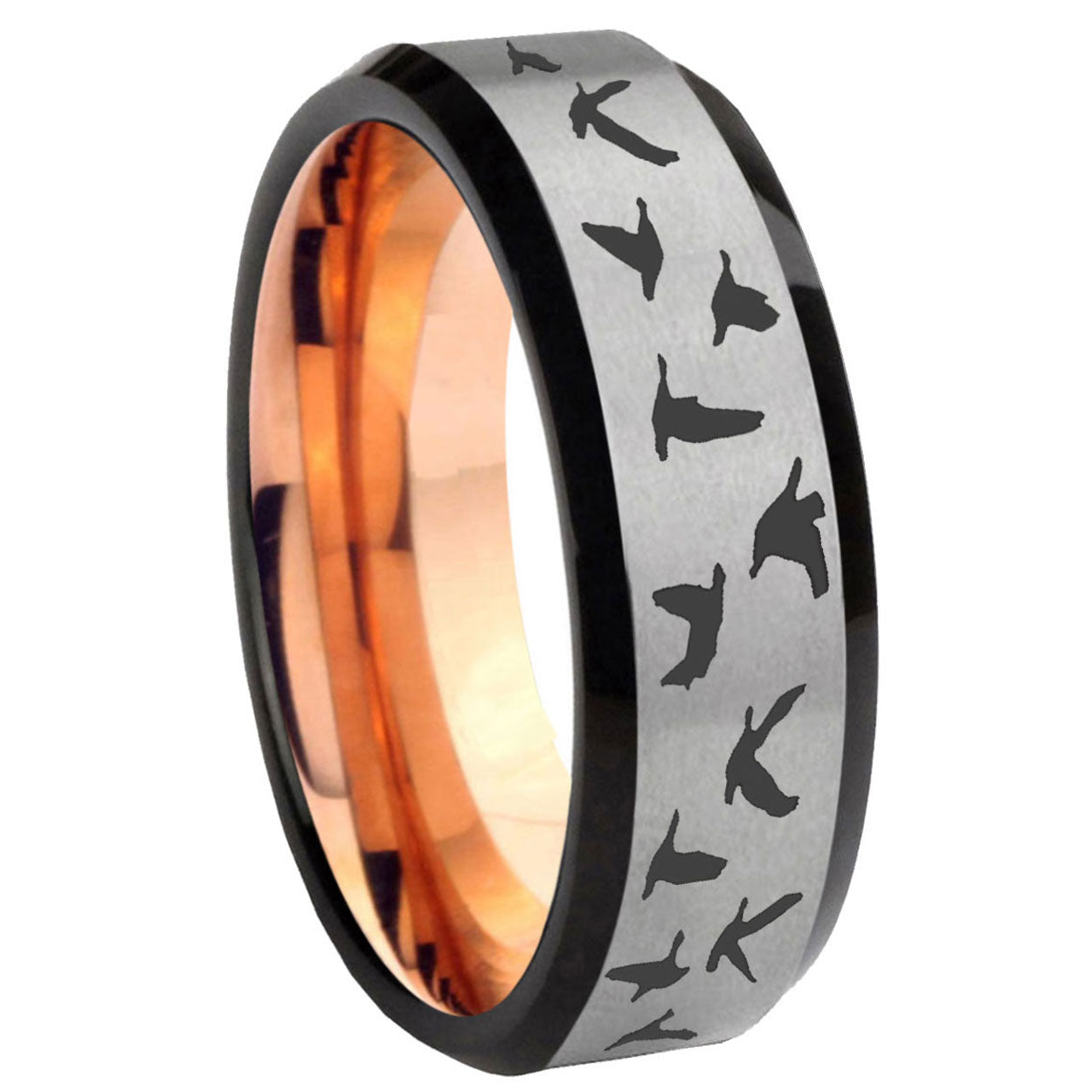 8MM Flaying Geese Hunting Beveled Rose Gold Gray Tungsten Band For Men