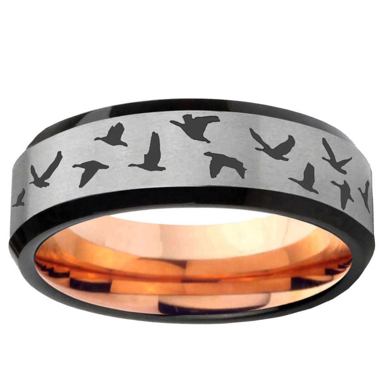 6MM Flaying Geese Hunting Beveled Rose Gold Gray Tungsten Band For Men