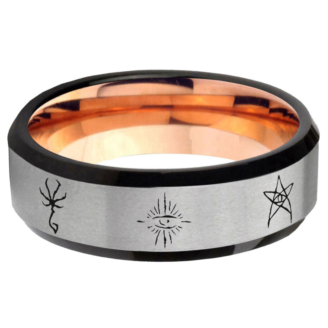 6MM Blackborne Caryll Runes Beveled Rose Gold Gray Tungsten Wedding Band