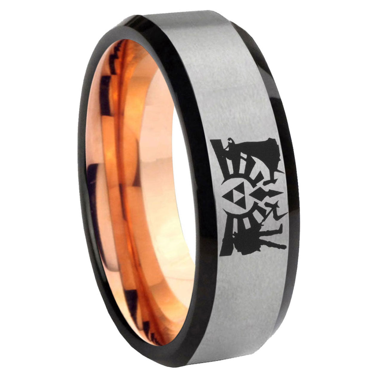 8MM Zelda Link Beveled Rose Gold Gray Tungsten Wedding Band