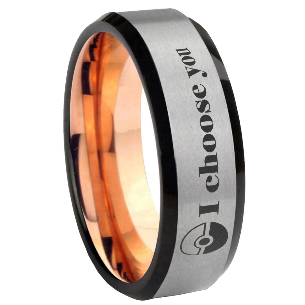 8MM Pokeball Pokemon Beveled Rose Gold Gray Tungsten Wedding Band