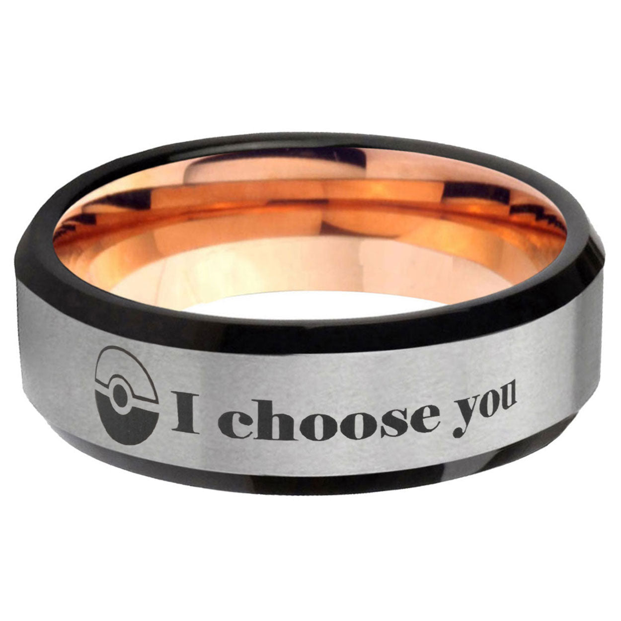 6MM Pokeball Pokemon Beveled Rose Gold Gray Tungsten Wedding Band