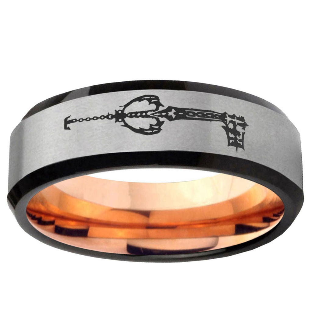 6MM kingdom heart keyblades Beveled Rose Gold Gray Tungsten Wedding Band