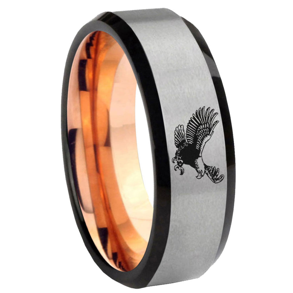8MM Flying American Eagle Beveled Rose Gold Gray Tungsten Wedding Band