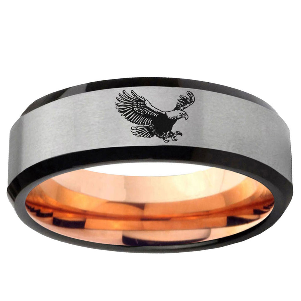 6MM Flying American Eagle Beveled Rose Gold Gray Tungsten Wedding Band