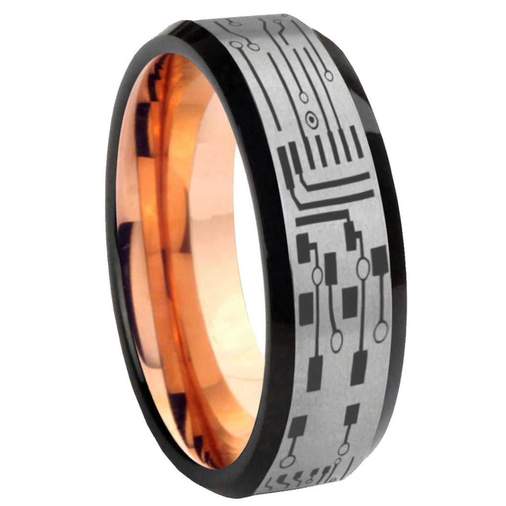 8MM Circuit Board Beveled Rose Gold Gray Tungsten Wedding Band