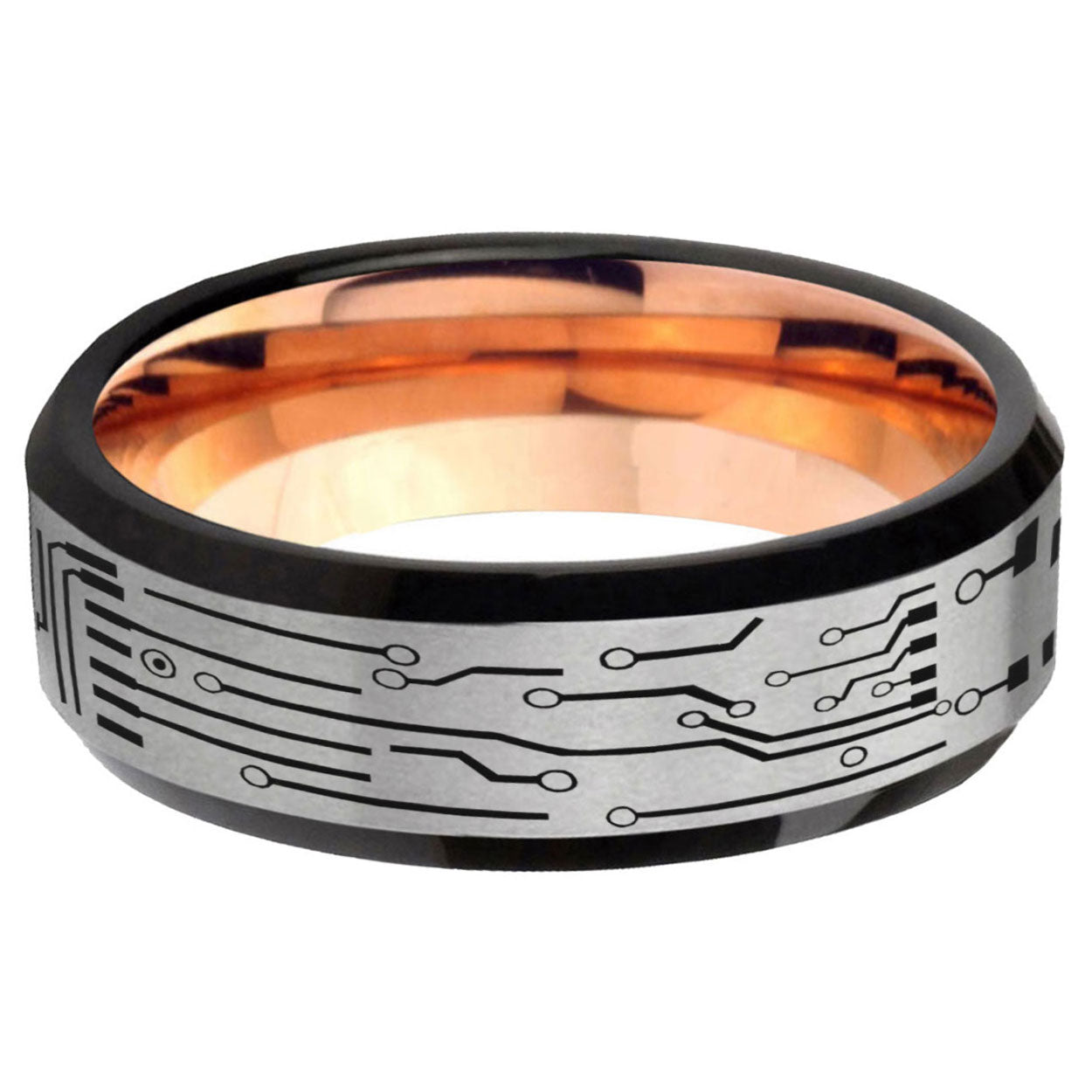 6MM Circuit Board Beveled Rose Gold Gray Tungsten Wedding Band