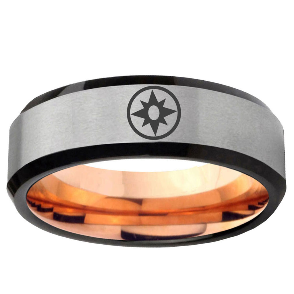 6MM Star Sapphire Lantern Beveled Rose Gold Gray Tungsten Wedding Band