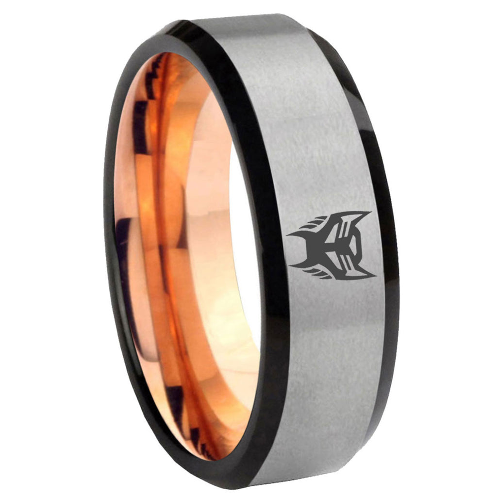 8MM Transformers Insignias Beveled Rose Gold Gray Tungsten Wedding Band