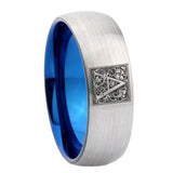 8mm-Dome-Silver-and-Blue-Tungsten-Floral-Initial-Letter-A,-Monogram-Wedding-Band