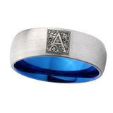 8mm-Dome-Silver-and-Blue-Tungsten-Floral-Initial-Letter-A,-Monogram-Wedding-Band