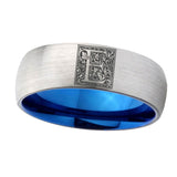 8mm-Dome-Silver-and-Blue-Tungsten-Floral-Initial-Letter-E,-Monogram-Wedding-Band
