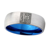 8mm-Dome-Silver-and-Blue-Tungsten-Floral-Initial-Letter-L,-Monogram-Wedding-Band