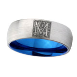 8mm-Dome-Silver-and-Blue-Tungsten-Floral-Initial-Letter-M,-Monogram-Wedding-Band