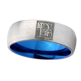 8mm-Dome-Silver-and-Blue-Tungsten-Floral-Initial-Letter-P,-Monogram-Wedding-Band