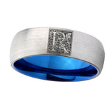 8mm-Dome-Silver-and-Blue-Tungsten-Floral-Initial-Letter-R,-Monogram-Wedding-Band