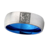 8mm-Dome-Silver-and-Blue-Tungsten-Floral-Initial-Letter-U,-Monogram-Wedding-Band