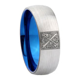 8mm-Dome-Silver-and-Blue-Tungsten-Floral-Initial-Letter-X,-Monogram-Wedding-Band