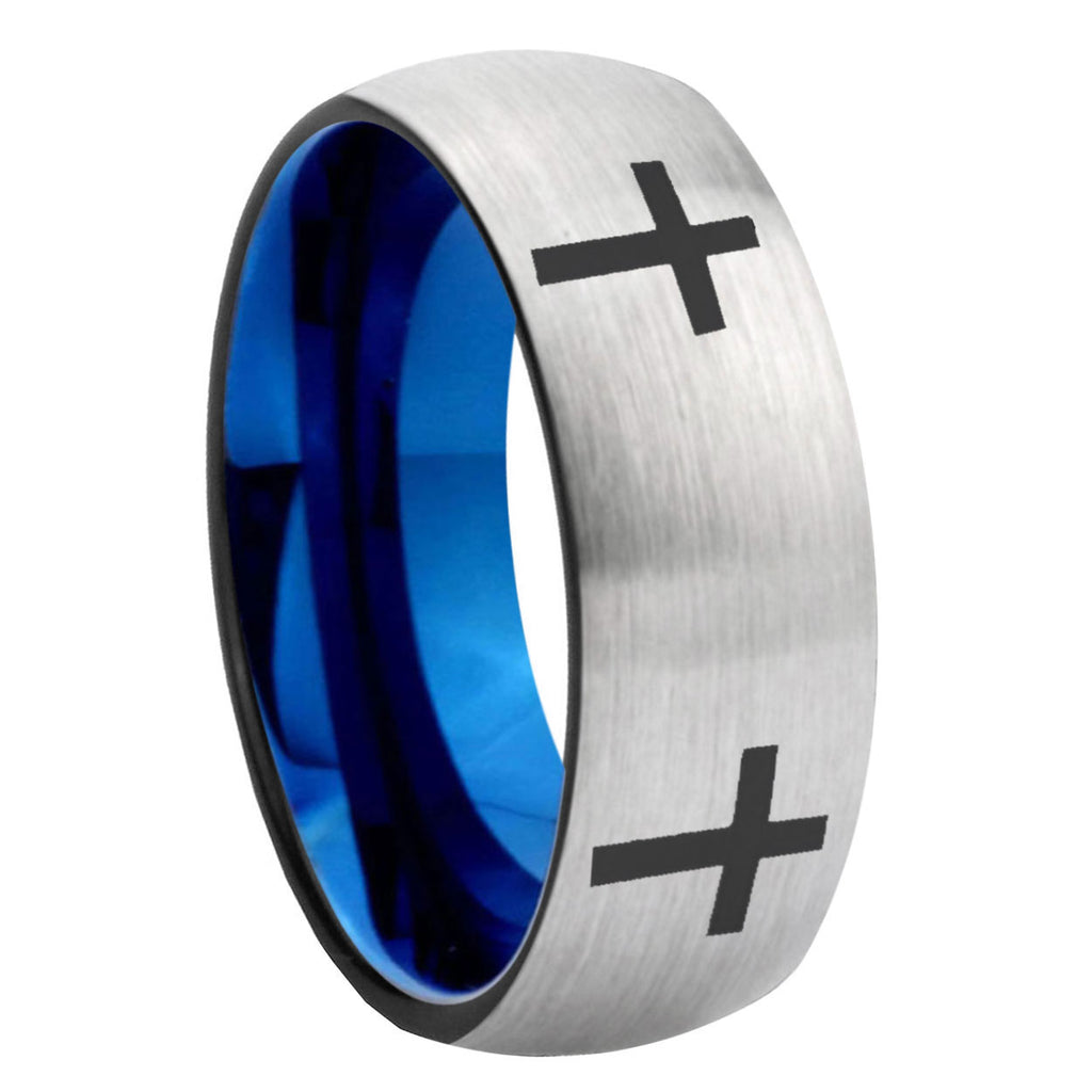 8MM Crosses Dome Blue Gray Tungsten Ring For Man