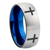 8mm Crosses Dome Gray And Blue Tungsten Carbide Men's Wedding Ring