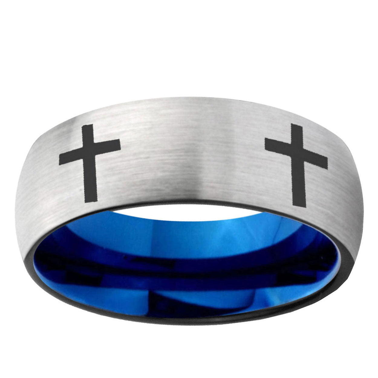 6MM Crosses Dome Gray And Blue Tungsten Carbide Men's Wedding Ring