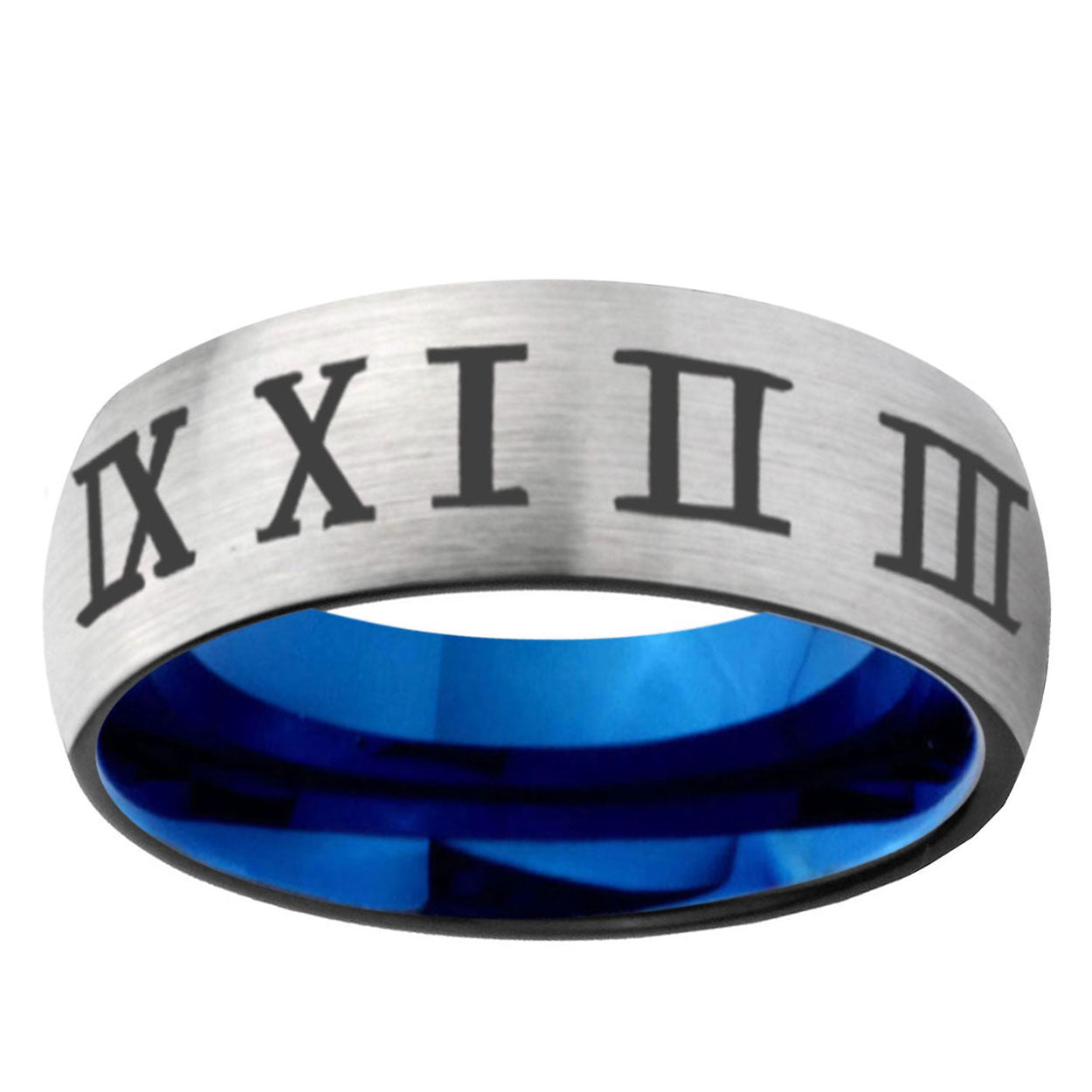 6MM Roman Numeral Dome Gray And Blue Tungsten Carbide Custom Ring