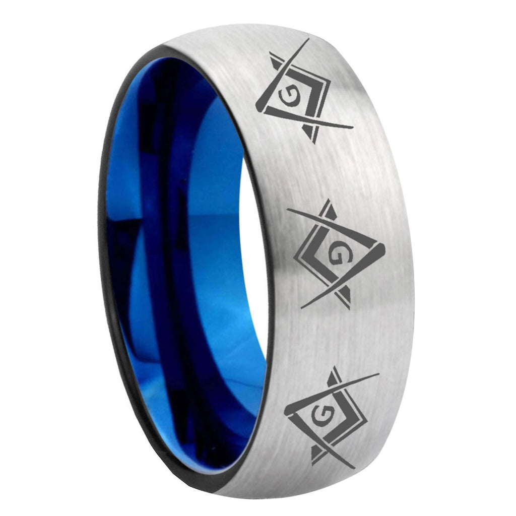 8MM Master Mason Masonic Dome Blue Gray Tungsten Ring For Man