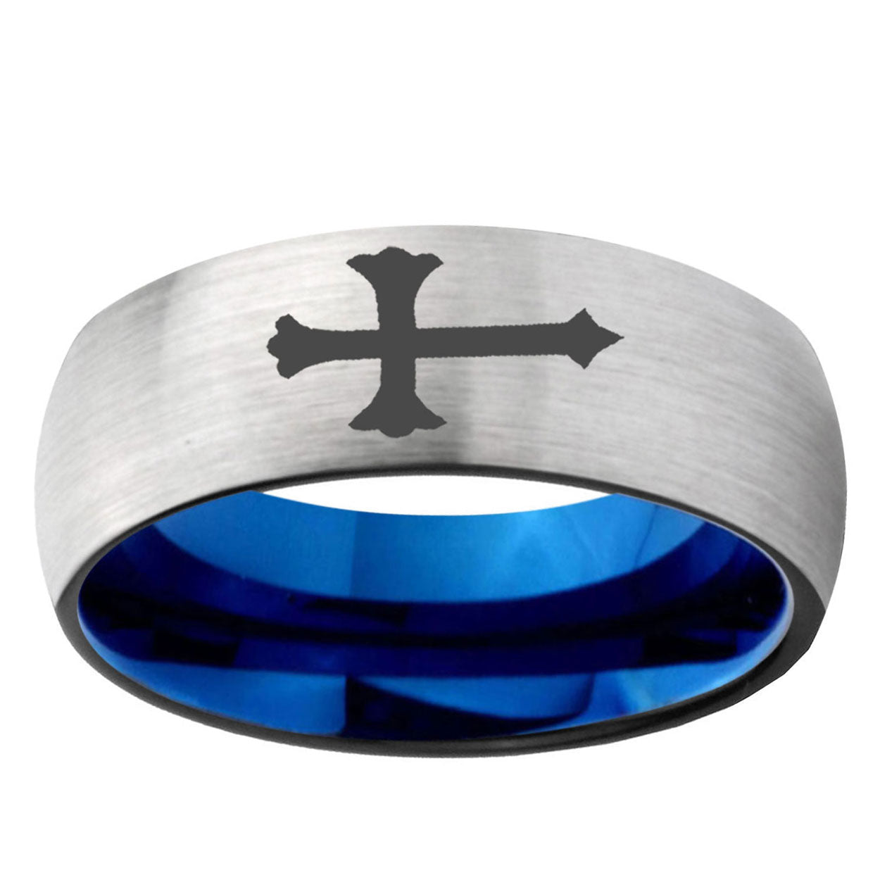 6MM Christian Cross Dome Gray And Blue Tungsten Carbide Wedding Bands