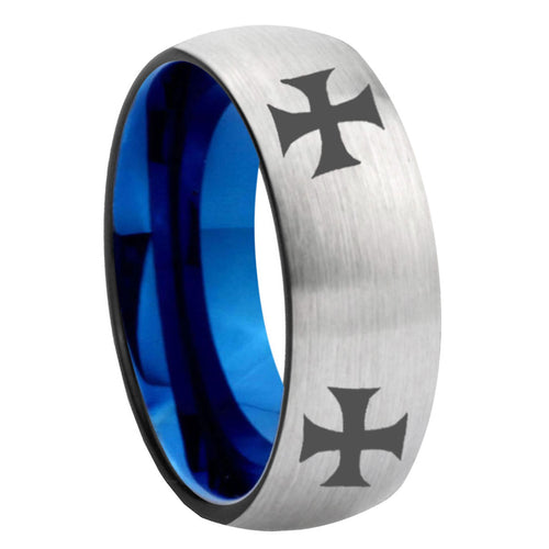 8MM 4 Maltese Cross Dome Blue Gray Tungsten Ring
