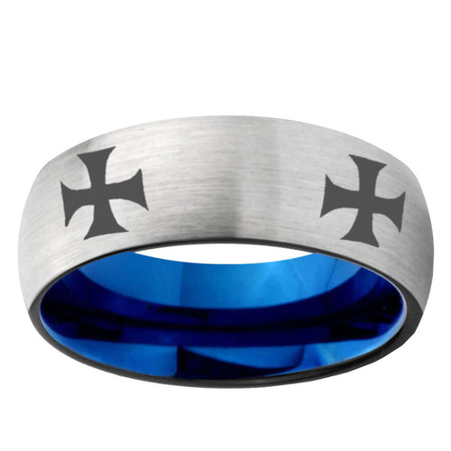 6MM 4 Maltese Cross Dome Gray And Blue Tungsten Carbide Men's Ring