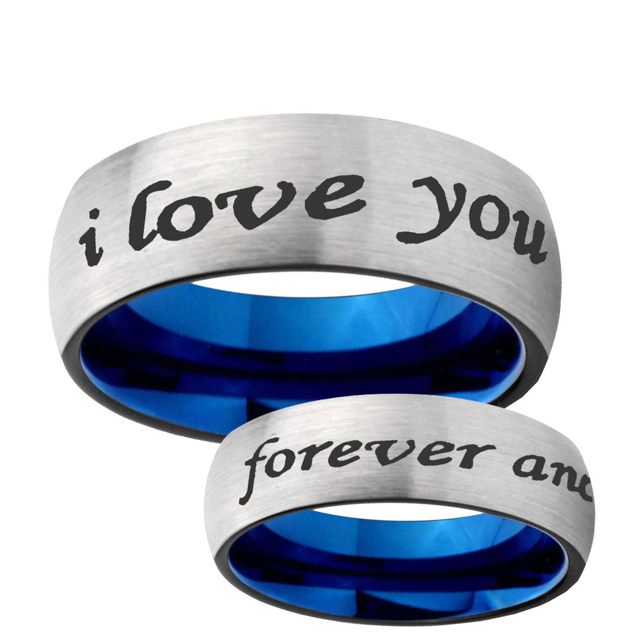 6MM I Love You Forever and ever Dome Gray And Blue Tungsten Engraved Ring