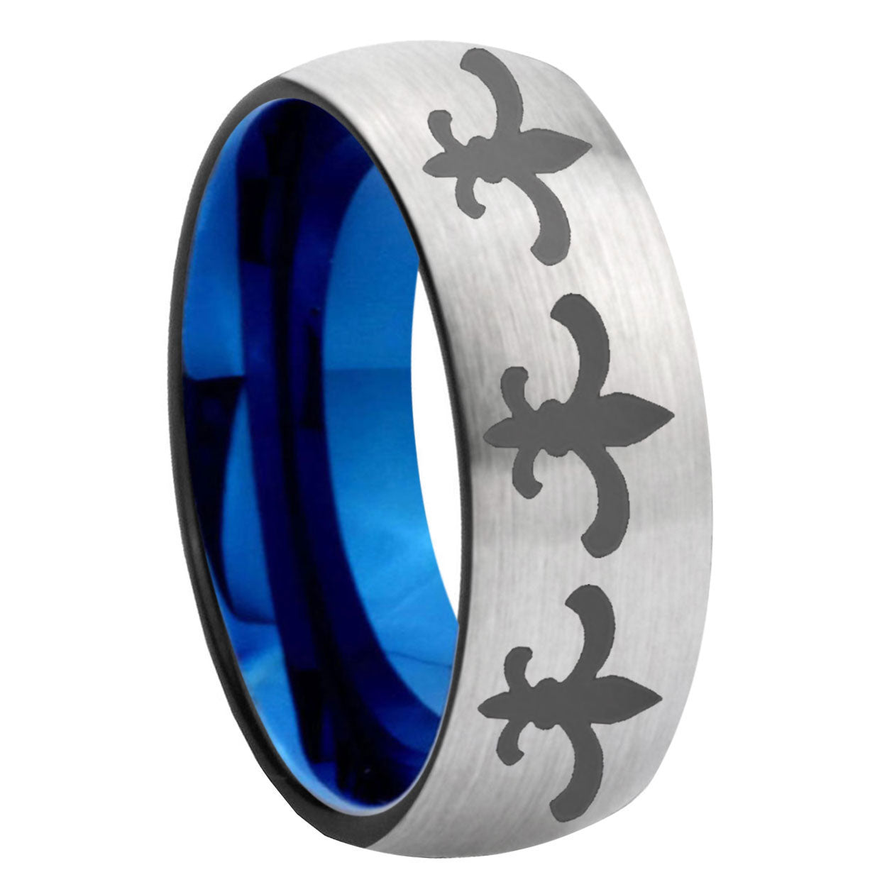 8MM Multiple Fleur-De-Lis Dome Blue Gray Tungsten Custom Ring