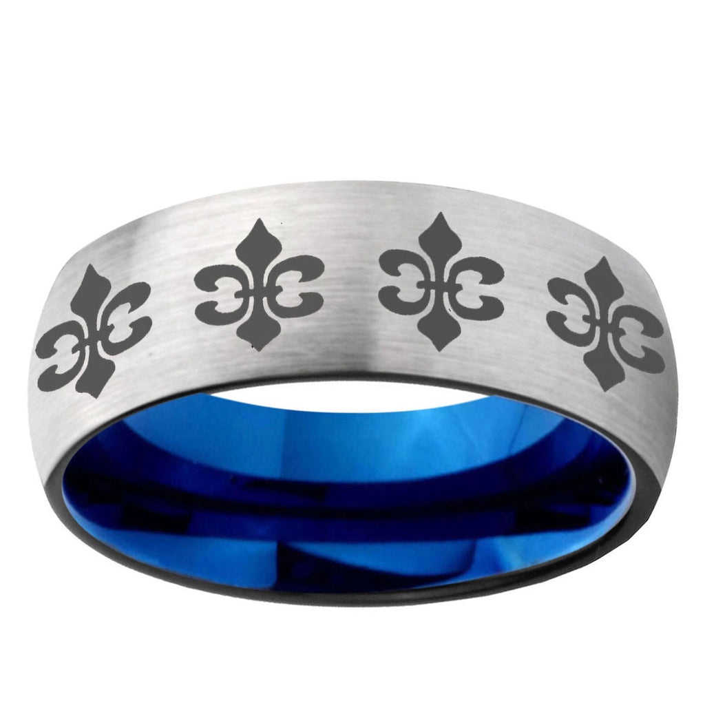 6MM Multiple Fleur-De-Lis Dome Gray And Blue Tungsten Carbide Wedding Band Ring