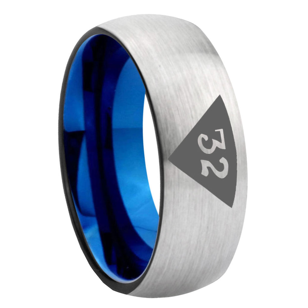 8MM Masonic 32 Triangle Freemason Dome Blue Gray Tungsten Ring Men