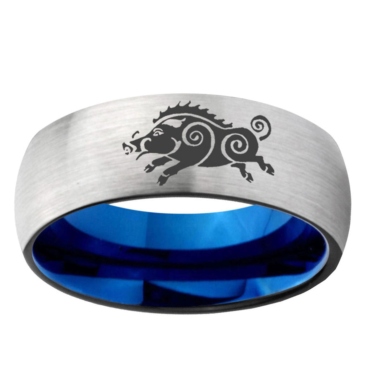 6MM Wild Boar Dome Gray And Blue Tungsten Carbide Engagement Ring