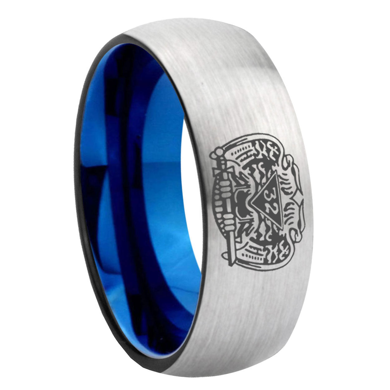 8MM Masonic 32 Degree Freemason Dome Blue Gray Tungsten Ring Men
