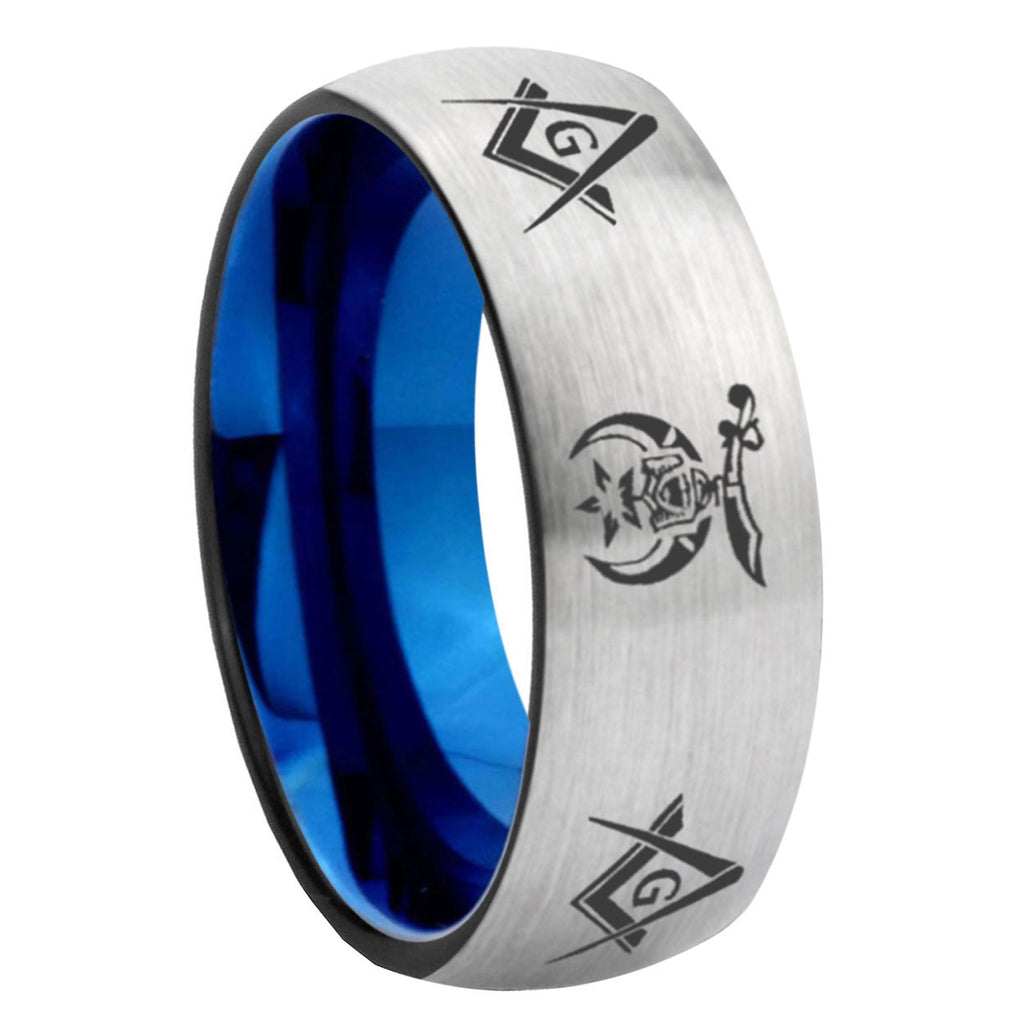 8MM Masonic Shriners Dome Blue Gray Tungsten Wedding Band Men
