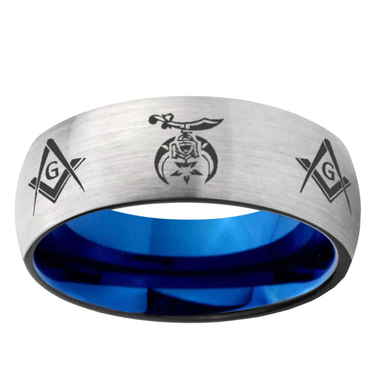 6MM Masonic Shriners Dome Gray And Blue Tungsten Carbide Mens Ring Personalized