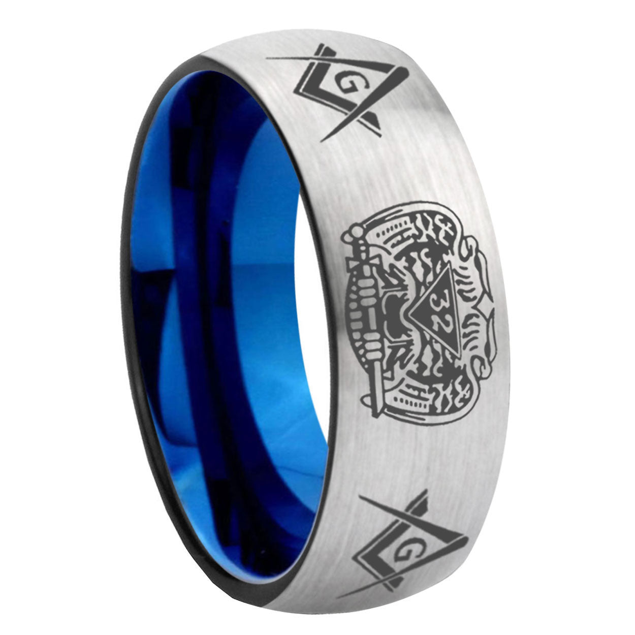 8MM Masonic 32 Design Dome Blue Gray Tungsten Ring For Men