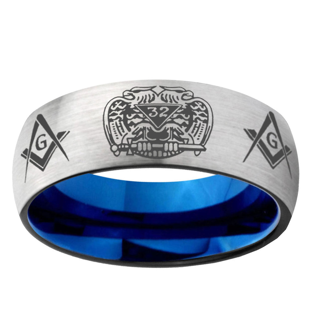 6MM Masonic 32 Design Dome Gray And Blue Tungsten Carbide Engagement Band