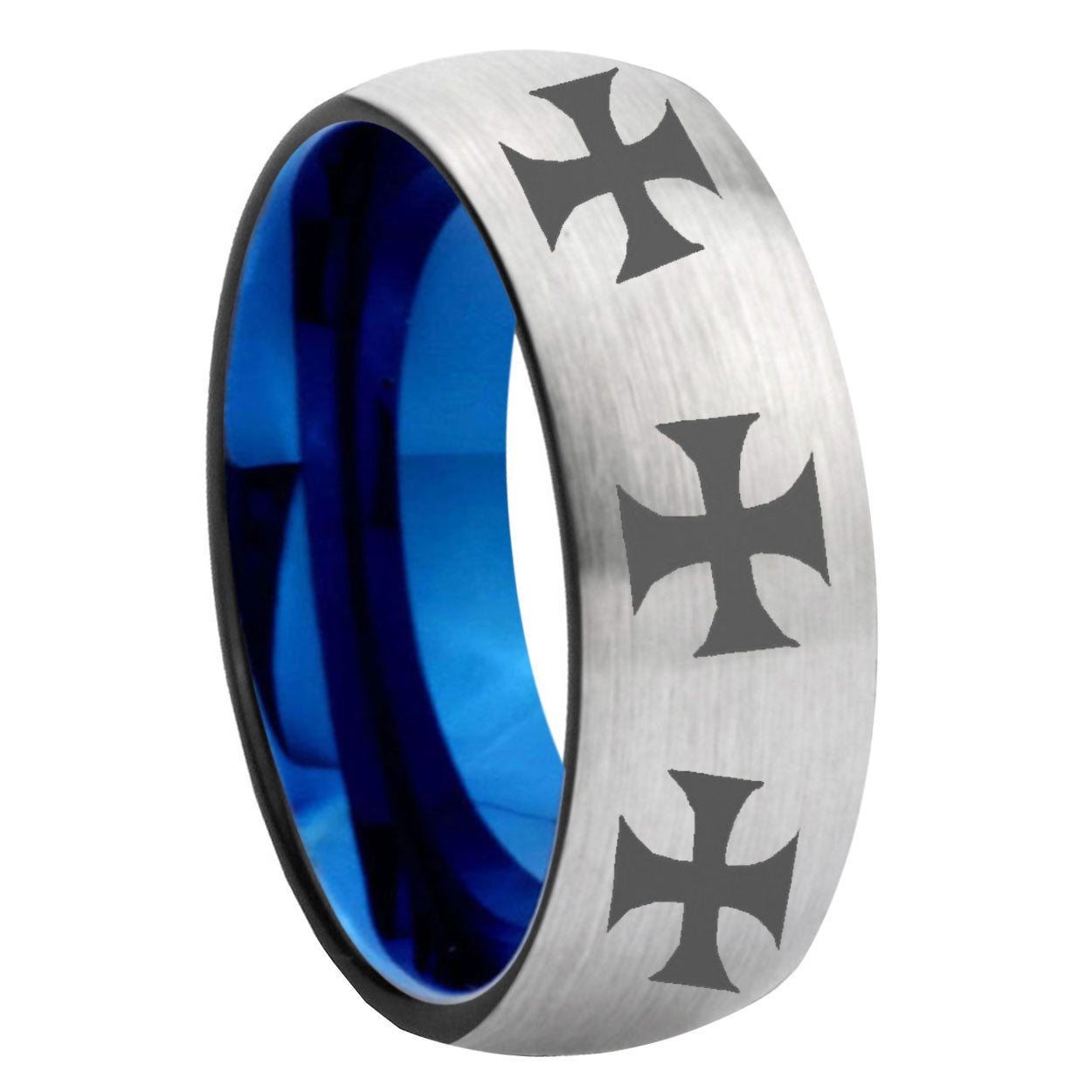 8MM Multiple Maltese Cross Dome Blue Gray Tungsten Wedding Band