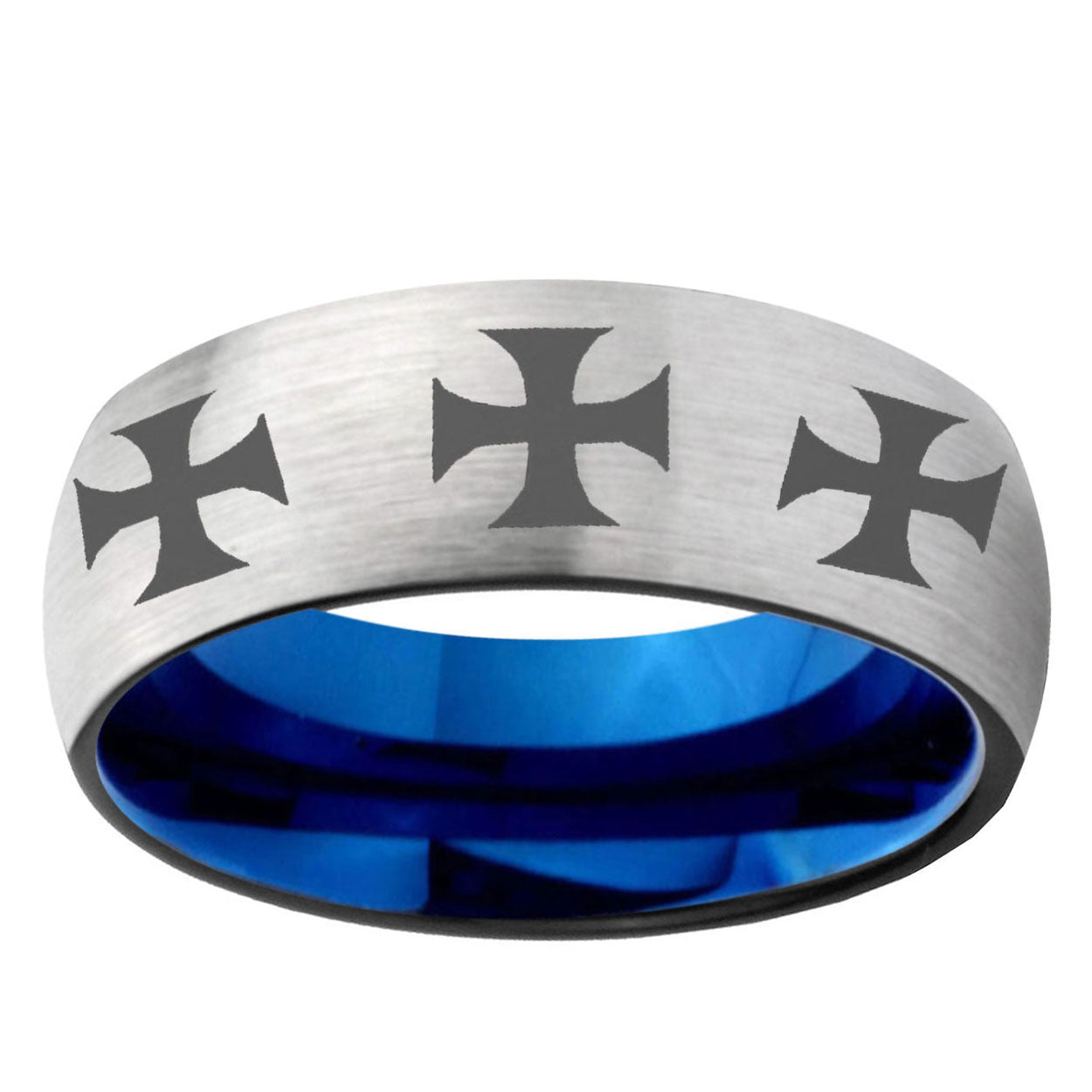 6MM Multiple Maltese Cross Dome Gray And Blue Tungsten Carbide Men's Wedding Ring