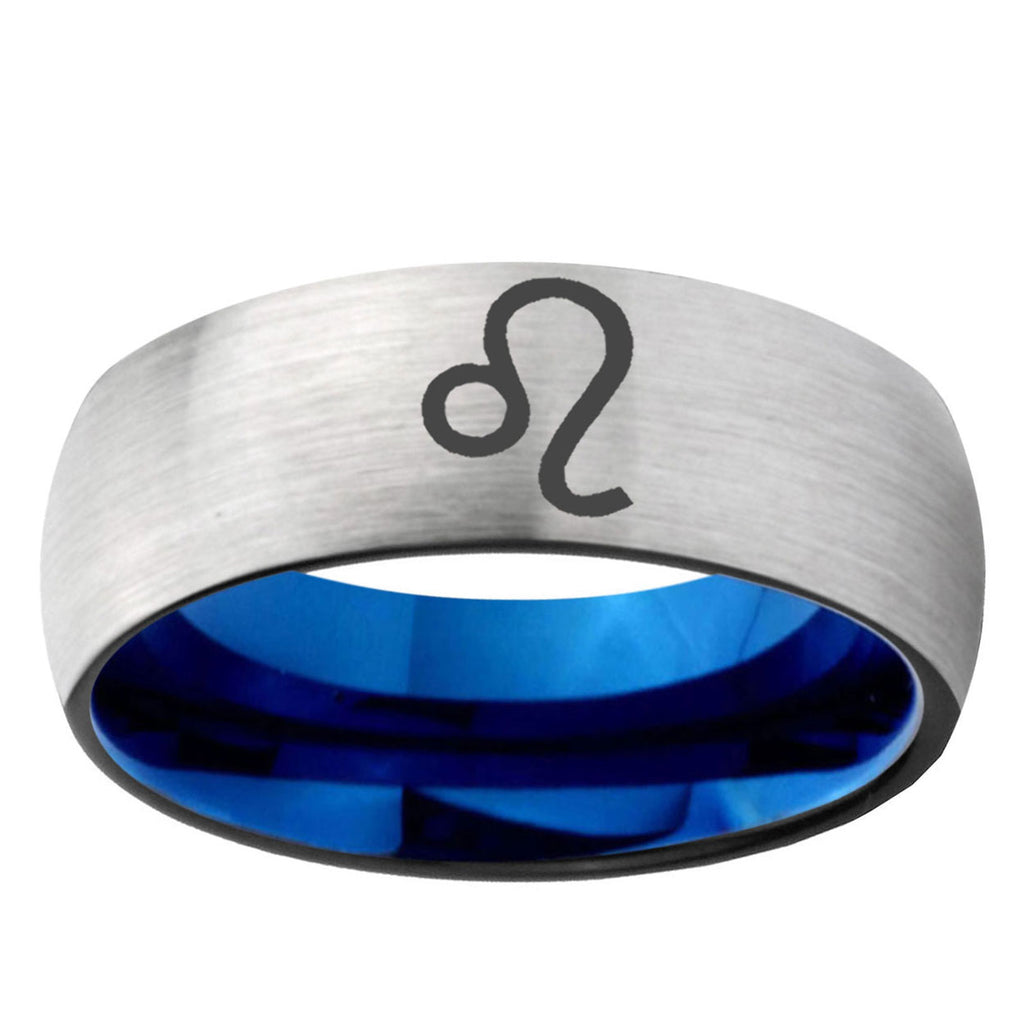 6MM Leo Zodiac Dome Gray And Blue Tungsten Carbide Wedding Bands