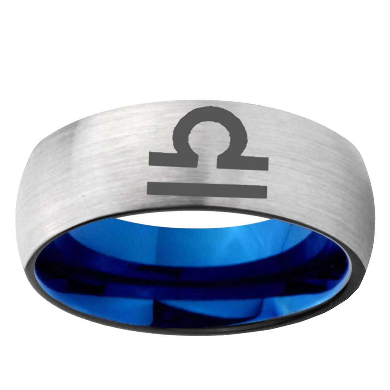 6MM Libra Horoscope Dome Gray And Blue Tungsten Carbide Engraved Ring
