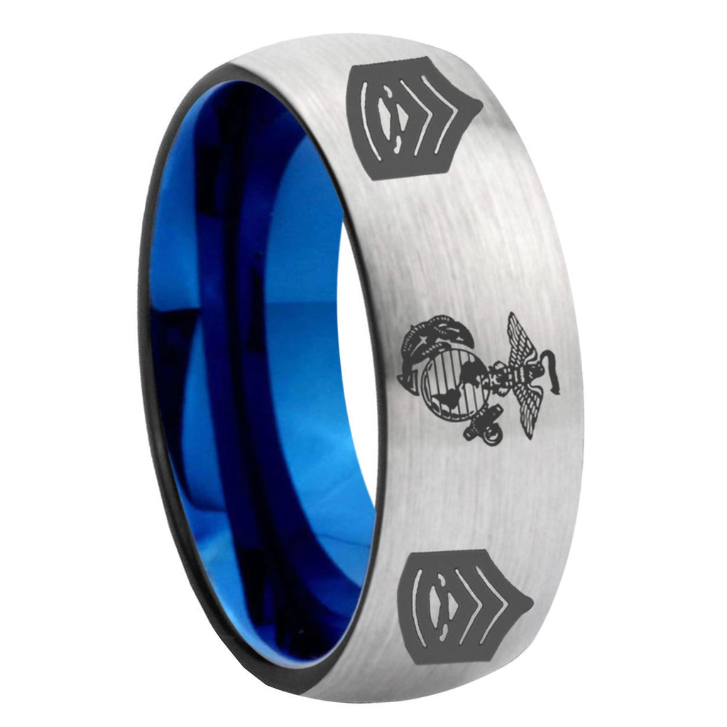8MM Marine Army Sergeant Dome Blue Gray Tungsten Wedding Band