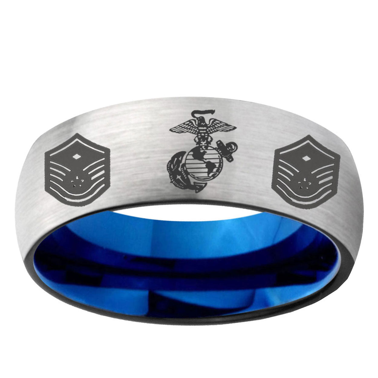 6MM Marine Chief Master Sergeant Dome Gray And Blue Tungsten Carbide Mens Bands Ring