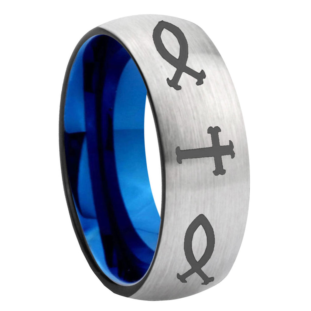8MM Fish And Cross Dome Blue Gray Tungsten Mens Engagement Ring